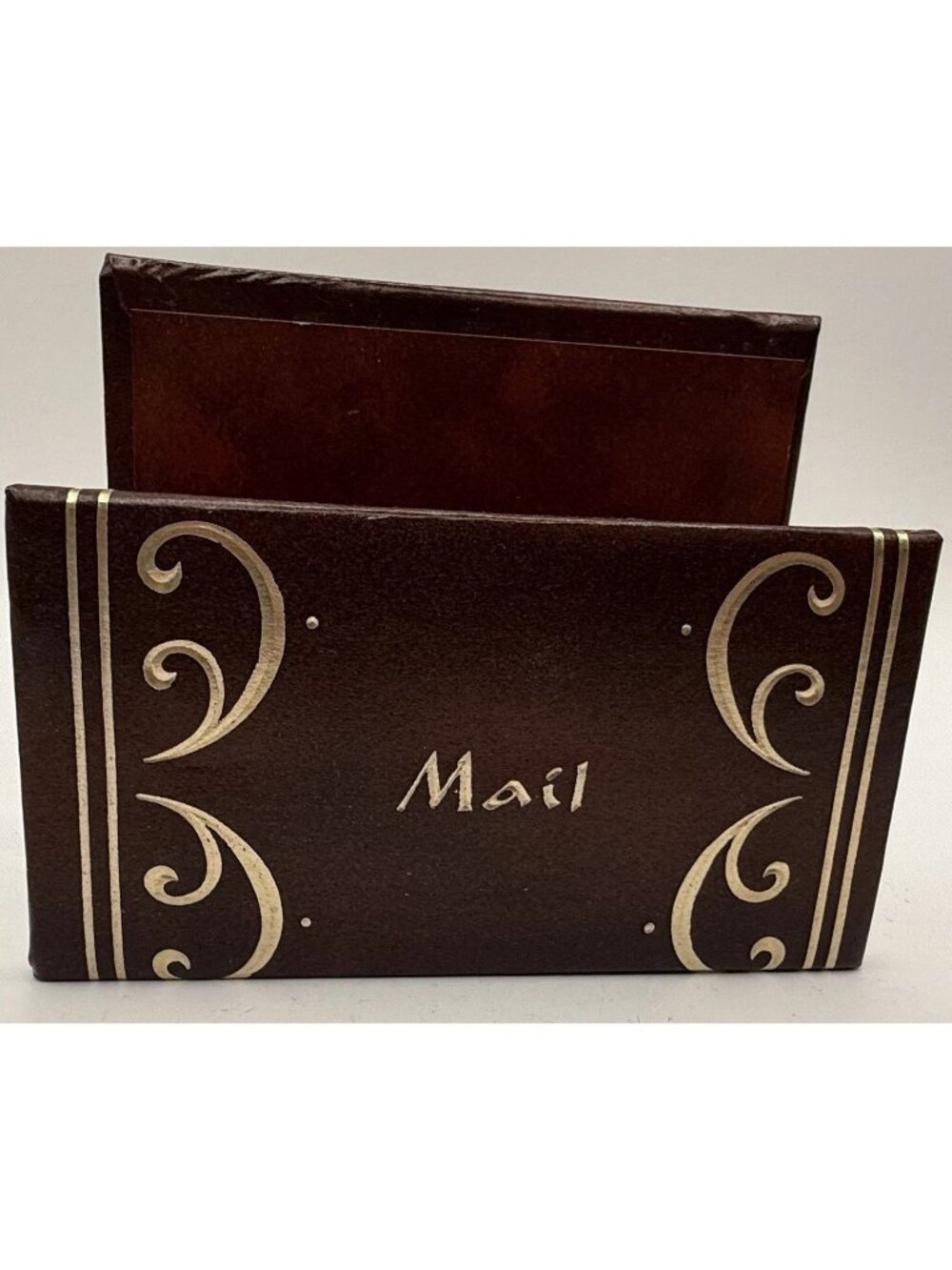 Vintage Faux Leather Vinyl Mail Letter Holder Desk Basket Burgundy-Brown Gold